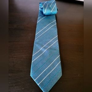 Bacco 100% silk men's tie. Teal blue with white and blue stripes.